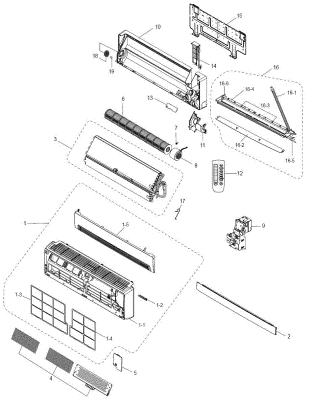 Diagrama e dispositivo da unidade interna do ar condicionado: ventilador, impulsor, desmontagem, placa
