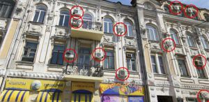 Disfigured facades of historic buildings